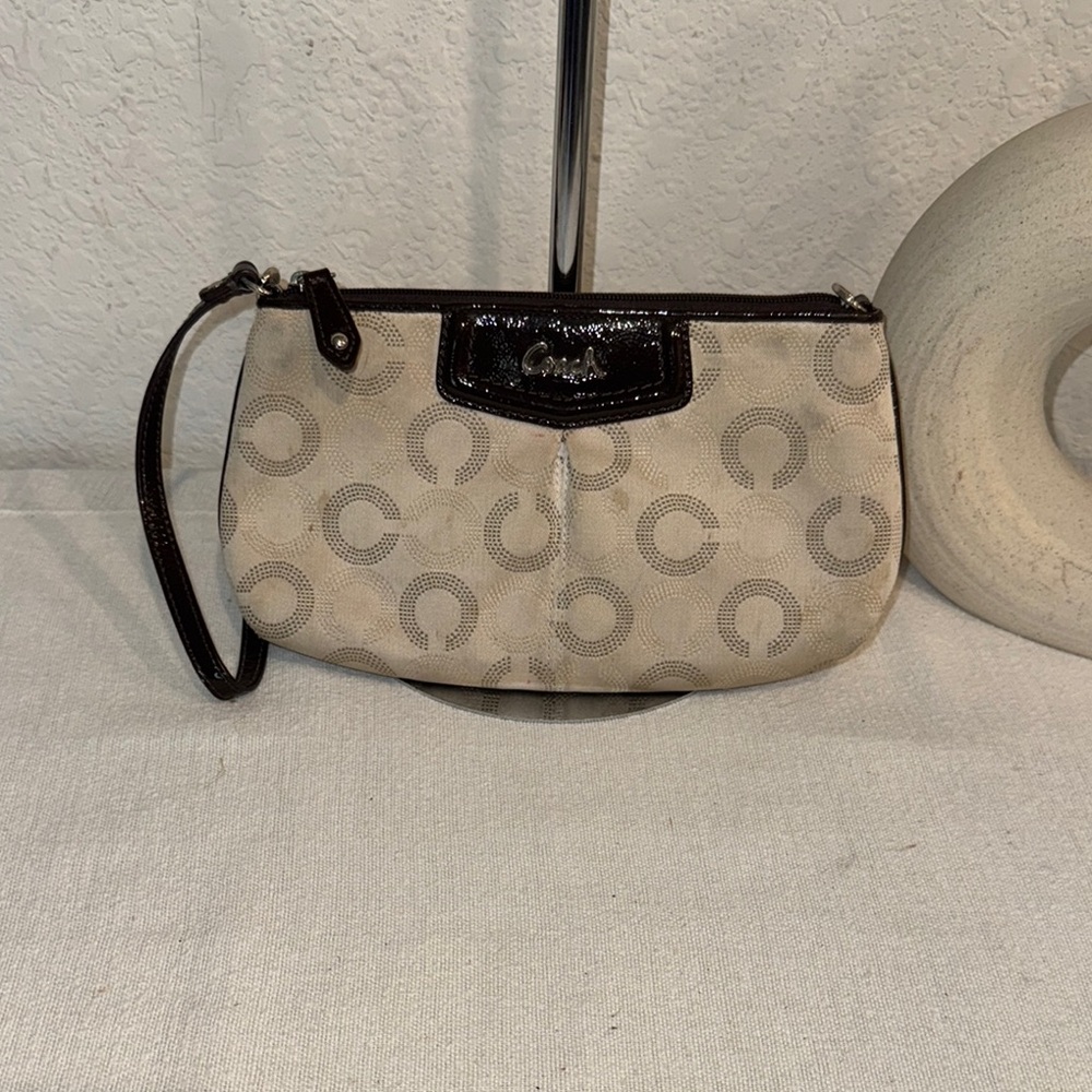 Coach Cream and Brown Signature Wristlet
